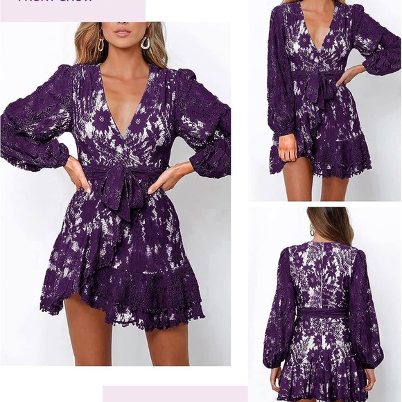 FARYSAYS Womens Lace Wrap Mini Dresses Floral V Neck Ruffle Short Dress - Picture 4 of 4